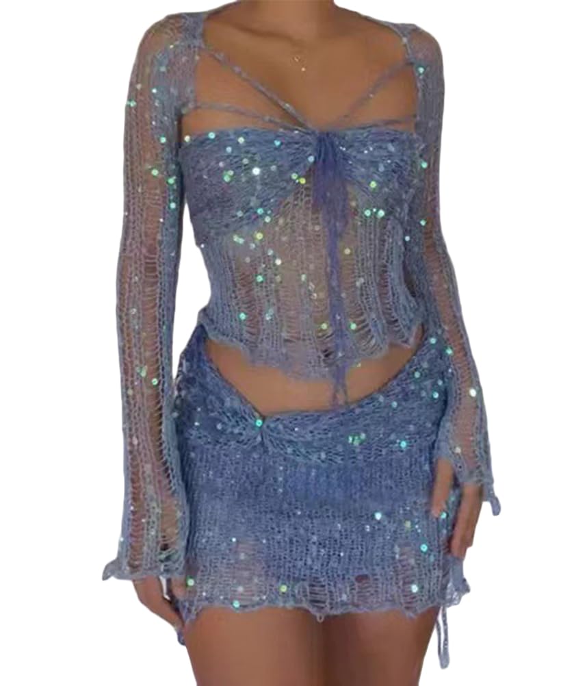 ORANDESIGNE Gonna Set in Maglia di Donne in Paillettes 2 Pezzi Scintillanti Scava Fuori Manica Lunga Crop Top Mini Gonna Abiti Sexy Y2K Gonna Copricostume da Spiaggia