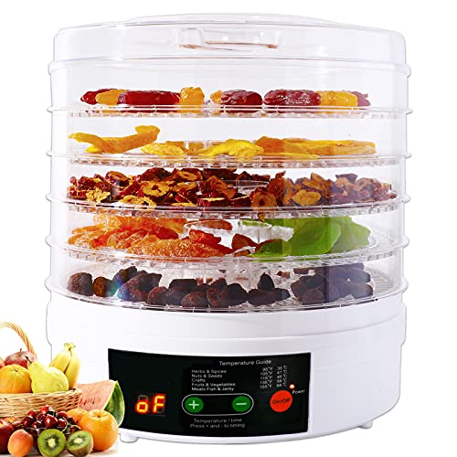 Vchiming Food Dehydrator Machine, Electric Dryer Dehydrator for Beef Jerky, Fruit, Vegetables, Meat, Dog Treats, BPA Free 5 Trays Dehydrator with Digital Timer and Temperature Control, Overheat Protection, Recipe Book Included