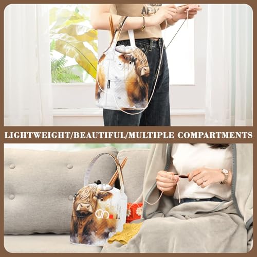 Image of WELLDAY Highland Cow Portrait Crochet Bag Knitting Bag Yarn Storage Organizer, Portable Yarn Bag and Tote for Crocheting Project, Store Skein Ball, Short Knitting Needle