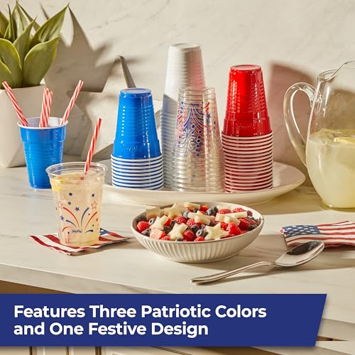 Image of Hefty Party On Disposable Plastic Party Cups, 76 Count, 16 Oz Cups in Assorted Patriotic Colors and 18 Oz Clear Cups with Festive Firework Print for Summer Entertaining