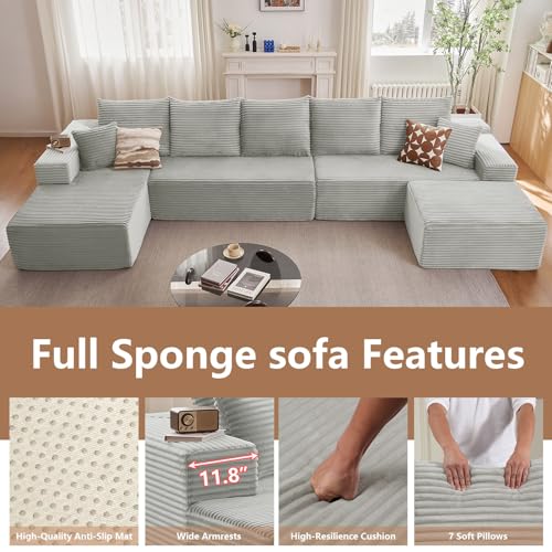Image of Oversized Modular Sectional Sofa Couch, Large 6 Seater Corner Sofa Modern U Shaped Sectional Couch Cloud Couches for Living Room, Office, Spacious Space, Corduroy,No Assembly Required, Light Grey