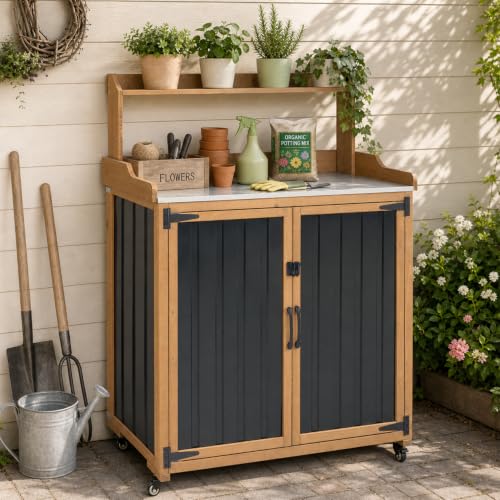 Image of Potting Bench with Storage & Wheels, Mobile Outdoor Cabinet for Garden