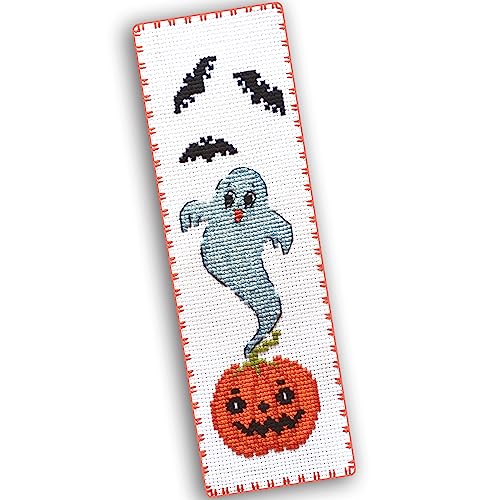 Image of Povitrulya Counted Cross Stitch Bookmark Kit 'Pumpkin Ghost' - DIY Embroidery Set for Adults