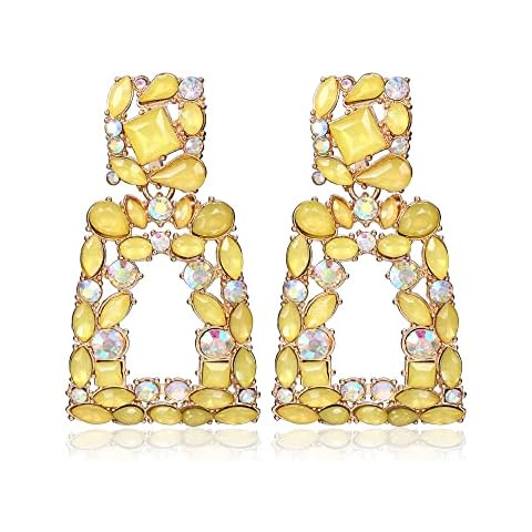 Flyonce Rectangle Dangle Earrings for Women, Sparkle Rhinestone Crystal Geometric Statement Earrings Yellow Cover