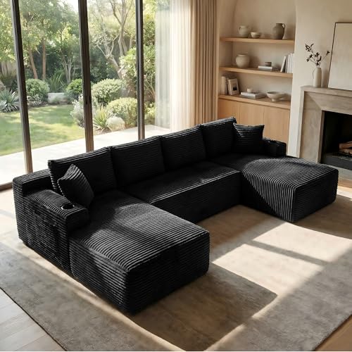 Image of 125 Inch Modular Sectional Sofa, Cloud Couch Oversized U Shaped Corduroy Sofa with Storage & Cupholders, Modern Deep Seat Boneless Couches for Living Room, No Assembly Required, Black