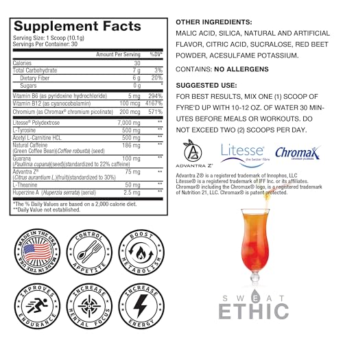Image of Sweat Ethic FYRE'D UP Energizing Appetite Suppressant, 200 MG Natural Caffeine, Supports Active Lifestyle & Craving Control, Easy-Mix Powder for Pre Workout Energy, Tropical Sunshine Flavor, 30 Srvgs