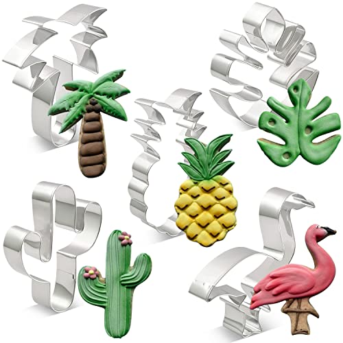 KENIAO Tropical Emporte Pièce Flamant Rose - 5 Pièces - Flamant, Ananas, Palmier, Cactus et Feuille Tropicale - Acier Inoxydable Cover
