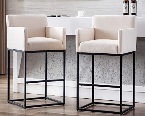 Image of Modern Counter Height Bar Stools Set of 6, Linen Fabric Upholstered Bar Stools with Backs, 30 Inch Kitchen Island Stools with Black Metal Frame, Cream