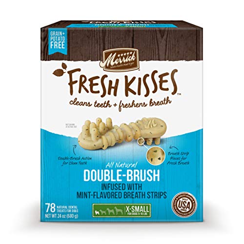 Merrick Fresh Kisses Double-Brush Dental Dog Treats With Mint Breath Strips For Extra Small Dogs - 24 oz Bag with 78 Brushes