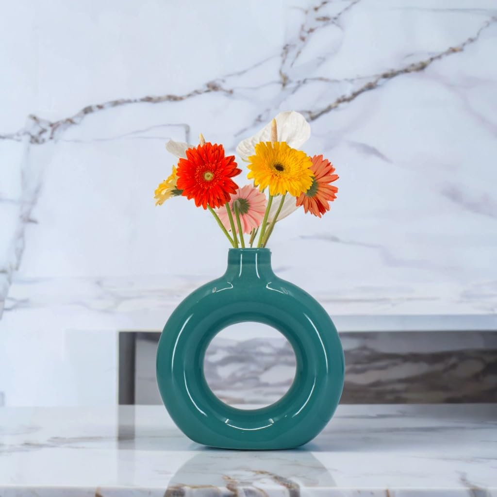 Artisan Crafted Ceramic Donut Shaped Vase for Pampas Grass | for Unique Home Décor | Ceramic Donut Vase, Flower Vase Pampas Grass Vase (Turquoise Green Glossy, 6 Inches)-image-13