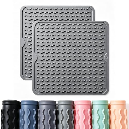 Image of 2 Pack Caketime Silicone Dish Drying Mat for Kitchen Counter Coffee Bar Accessories Heat Resistant Waterproof Dining Under Sink Organizers Utensil Holder Decor Must Haves 12 inchx12 inch Gray