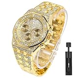 Apzzic Diamond Iced Out moissanite Watch Gold Plated 40mm Width Roman Numerals Dial Quartz Wristband Watch for Men Women Gold
