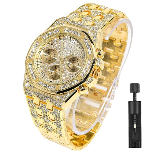 Apzzic Diamond Iced Out moissanite Watch Gold Plated 40mm Width Roman Numerals Dial Quartz Wristband Watch for Men Women Gold