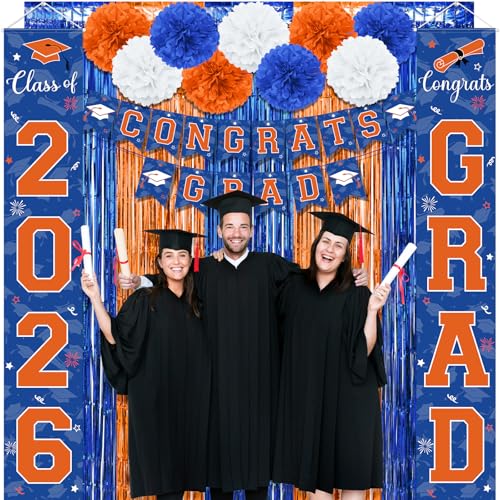 Image of Graduation Party Decorations Class of 2026, Graduation Decorations with Congrats Grad Banner Fringe Foil Curtain Paper Flower Ball Balloons for High School College Grad Party Supplies, Blue Orange