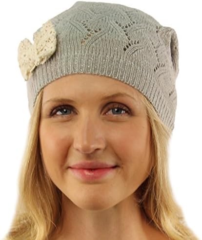Ladies Lace Bow Vented Soft Shimmer Knit Long Beanie Slouchy Skull Hat Cap Gray