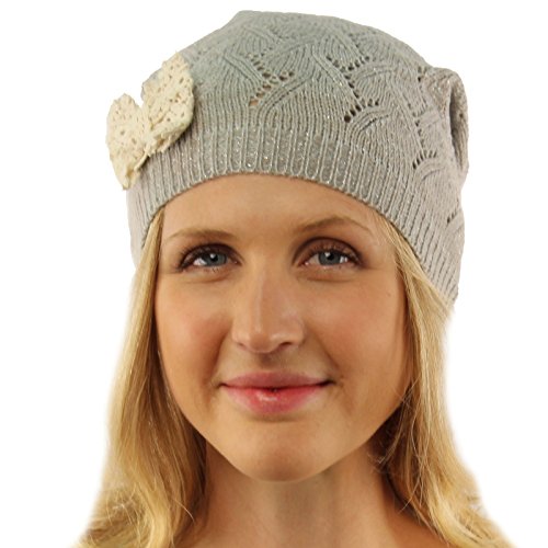 Ladies Lace Bow Vented Soft Shimmer Knit Long Beanie Slouchy Skull Hat Cap Gray