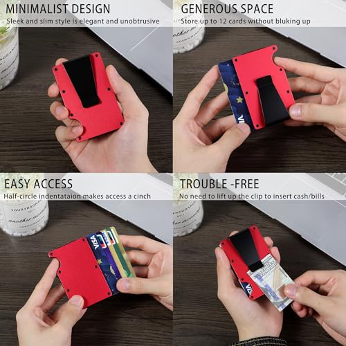 Image of Minimalist Carbon Fiber Wallet for Men, Money Clip Cash Strap Wallet, RFID Blocking Metal Wallet Aluminum Card Holder,Front Pocket Wallet(Matte Red)