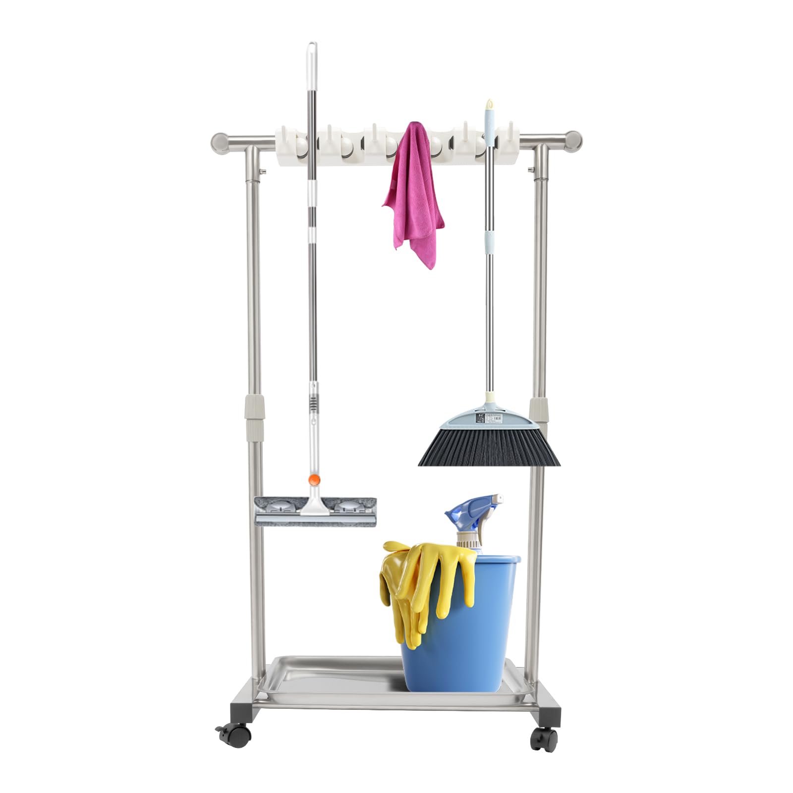 Broom mop Holder, Movable Put Wet Mops Floor Standing Cleaning Tool Rack, Stainless Steel Cleaning Supplies Organizer for Schools Hospitals Factories Hotels Restaurant, 6 Hook and 5 Slots