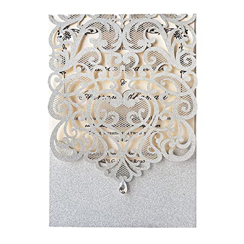 Hosmsua 20x Argent Paillettes Cartes d'invitation de Mariage Découpées au Laser Avec diamants Floral Pour Mariage Fiançailles Anniversaire Invitation Avec...