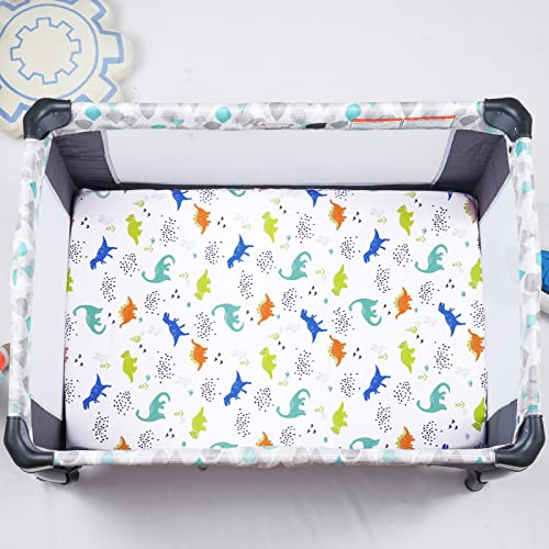 Image of PHF 3 Pack Soft Mini Crib Sheets, Dinosaur Pack N Play Sheets for Baby Boys Girls, No Slip Universal Fit for Pack N Play, Playard, Portable and Mini Crib Mattresses,Navy Dinosaur