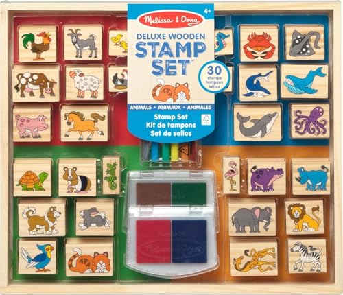 Image of Melissa & Doug Deluxe Wooden Stamp Set: Animals - 30 Stamps, 6 Markers, 2 Stamp Pads Kids Art Projects, Wooden Stamps with Washable Ink, for Kids Ages 4+