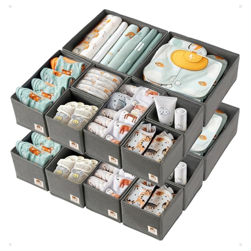 ZenStorage 16 Pack Drawer Organizer for Baby Clothes, Fabric Nursery Organizer for Baby Diaper, Collapsible Deep Fabric Drawer Organizer with Zipper for Socks, Bra, Towels, Ties, Grey