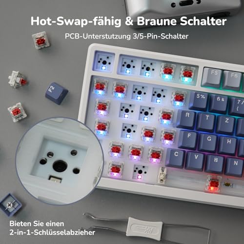 RK ROYAL KLUDGE M75 Gaming Tastatur kabellos 75% TKL Mechanische Tastatur RGB 2,4 GHz Wireless/Bluetooth/USB-C QWERTZ mit OLED-Smart-Display und Knopf Hot Swappable Roter Schalter, Lavendelviolett – Bild 6