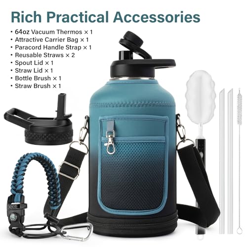64 oz Insulated Water Bottle | Upgraded Thickened Stainless Steel Water Jug for Gym and Hiking with Straw, Carrier Bag, Handle Strap | BPA-Free 64 oz