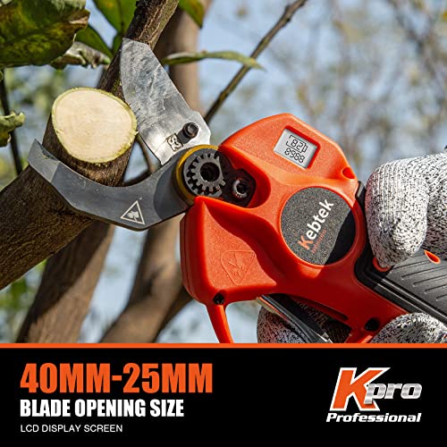 Kebtek Professional Electrci Pruning Shears 40MM, Electric Pruner Branch Cutter 25V Cordless Heavy Duty with 2 Pack 2Ah Rechargeable Batteries Brushless Motor- Upgraded Blade Version