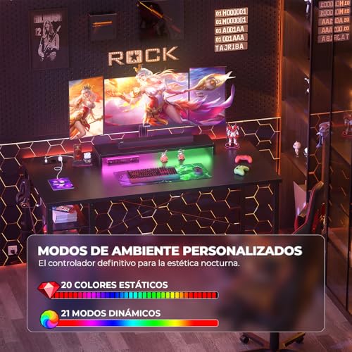 iSunirm Escritorio Gaming Negro 120 cm con LED y Enchufes, Mesa de Ordenador con Soporte de Monitor Ergonómico, Escritorio PC Reversible con Gancho para Auriculares, Estación de Trabajo Estable - imagen 6