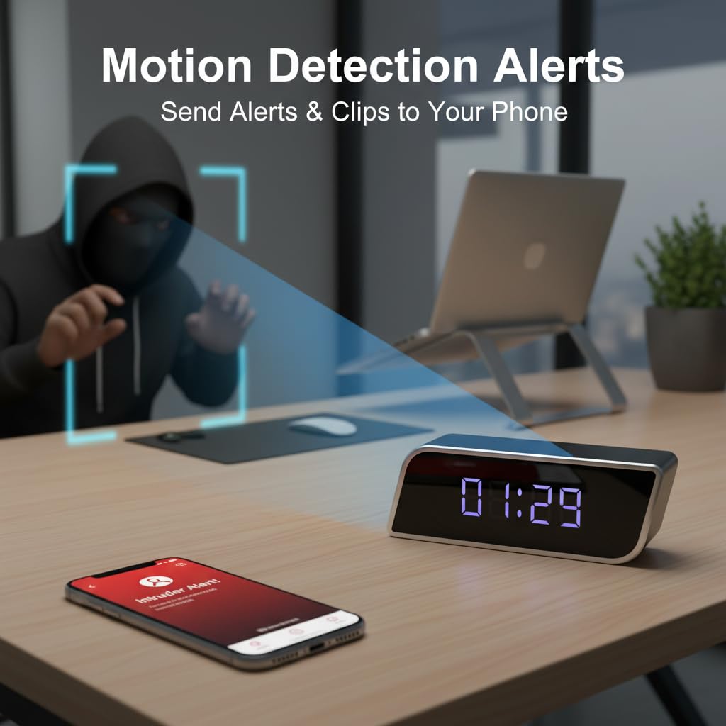 2-in-1 Alarm Clock Camera 4K UHD HD Night Vision 2600mAh WiFi Remote View SD Storage Wireless No Audio