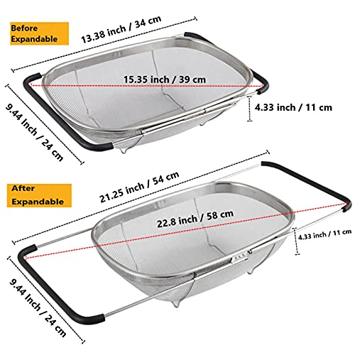 Over The Sink Stainless Steel Oval Colander With Expandable Rubber Grip Handles Strainers, Fine Mesh Strainer Basket Kitchen 6 Quart Colander For Strain, Drain, Rinse Fruits, Vegetables #TOP2