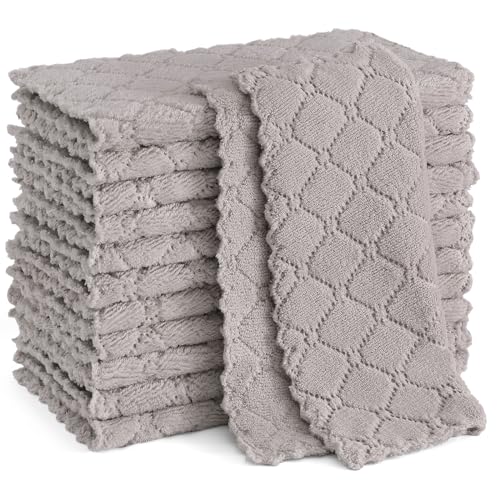 Homaxy 12 Pack Kitchen Dish Cloths (10 x 10 Inches, Grey), Super Soft and Absorbent Coral Velvet Dish Towels, Nonstick Oil Fast Drying Microfiber Cleaning Cloth, Lint Free Household Dishcloths