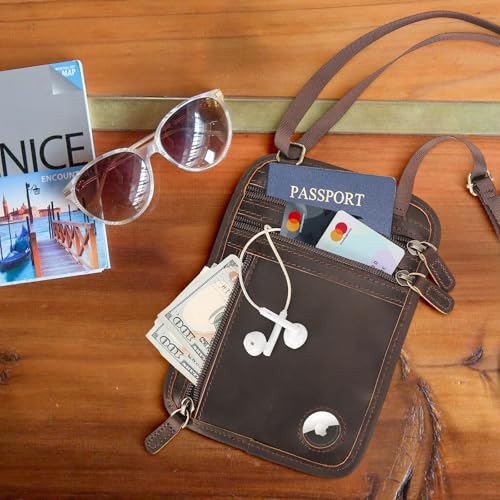 Polare Full Grain Leather Neck Wallet RFID Blocking Conceal Passport Holder Travel Pouch with AirTag Slot for Men2