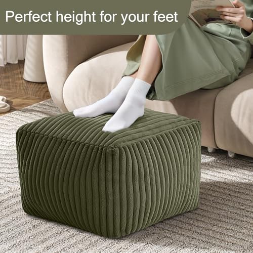 MeMoreCool Square Stuffed Pouf Ottoman Foot Rest, Stripe Furry Floor Pouf Foot Stool with Foam Chunk Filling, Soft Fluffy Stuffed Ottoman Footrest for Living Room, Faux Fur Green - Image 5