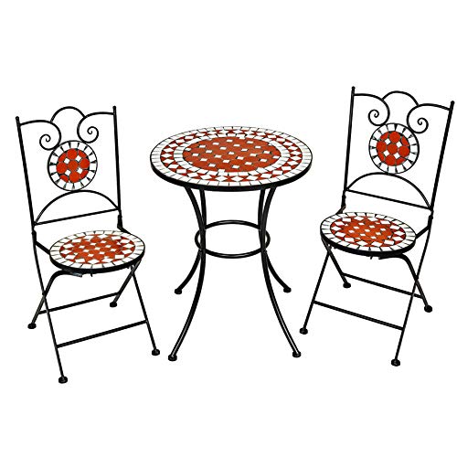 TecTake Salon de Jardin en Mosaïque, 2 Chaises et 1 Table Ronde, Ensemble Bistrot en Céramique, Pliante, Support Acier, Terre Cuite