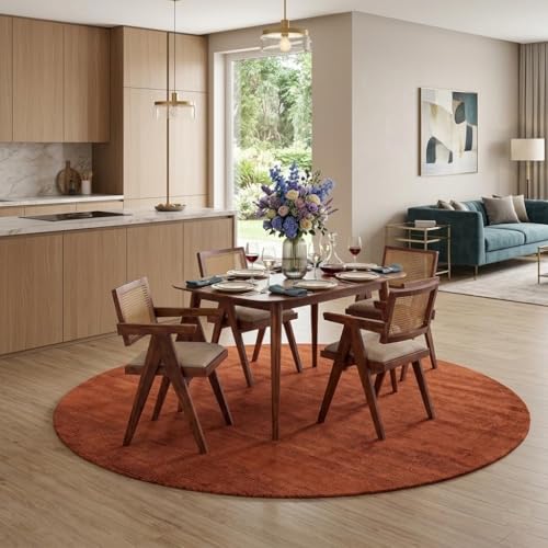 Image of Wooden Dining Table Set with 4 Chairs, Natural Oak, Rectangular, Modern Style,with Cane Back Chairs with Cushions for Dining Room | Living Room (Table (115 cm x 76 cm Gray Valvet Cushion)