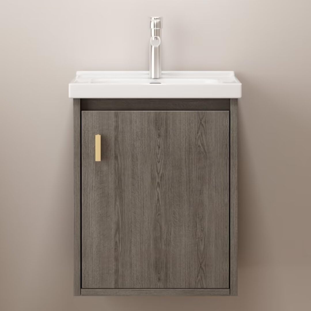 16" Bathroom Vanity Wall Mounted, Small Floating Vanity Combo, Modern Bathroom Vanity with Soft-Close Drawers, Chrome Faucet, Pop up Drain, P-Trap(Grey Walnut)