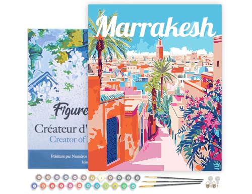 Figured'Art Pintar por Numeros Adultos con marco Póster de Viaje Marrakech Marruecos - Manualidades pintura acrilica Kit Cuadro DIY completo - 40x50cm con bastidor montado