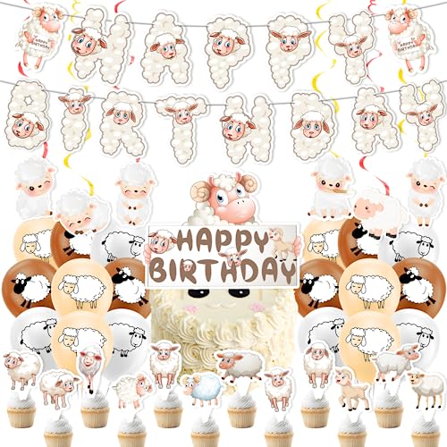 Decoração de festa de ovelhas suprimentos de festa de aniversário de ovelhas inclui Sheep Happy Birthday Banner Spirals Cake Topper Cupcake Toppers balões