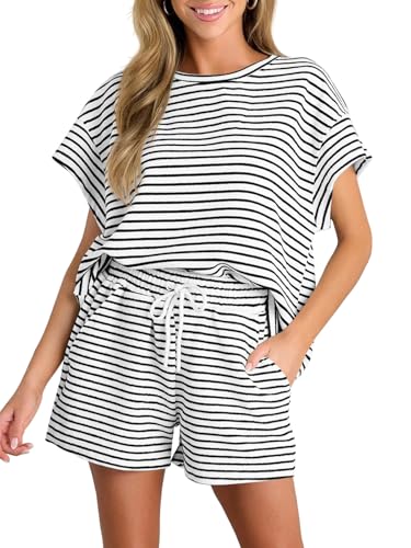 Tankaneo Damen Zweiteiler Kurzarm Lounge Set Sommer Outfits Gestreifte Lockere Pyjama Set Hausanzug Rundhalsausschnitt T Shirt mit Shorts