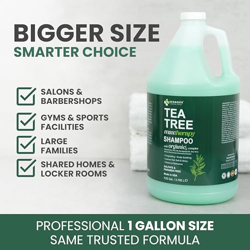 Image of KESMEDIK Tea Tree Shampoo Refill, 128 fl oz (1 Gallon), Clarifying Deep Clean for Buildup, Dandruff & Flakes, Refreshes Scalp, Sulfate-Free, Professional Salon, Gym & Hotel Supplies
