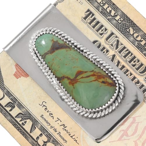 Navajo Turquoise Mountain Single Nugget Silver Money Clip Sterling Twist Wire Design on German Silver Clamp 34312