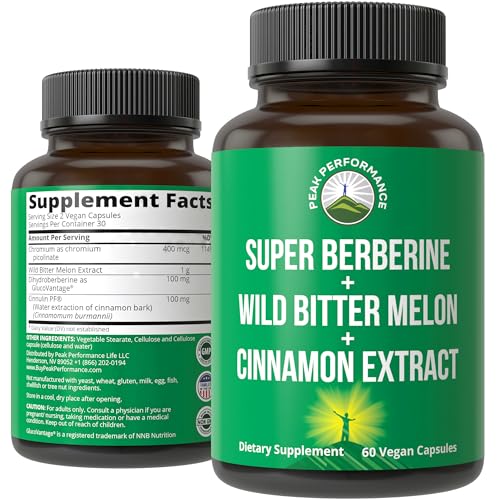 Ultra High Strength 4-In-1 Super Berberine Patented GlucoVantage® + Wild Bitter Melon + Cinnamon Extract + Chromium Picolinate Vegan Capsules. Great Supplement to Support After-Meal Spikes and Energy