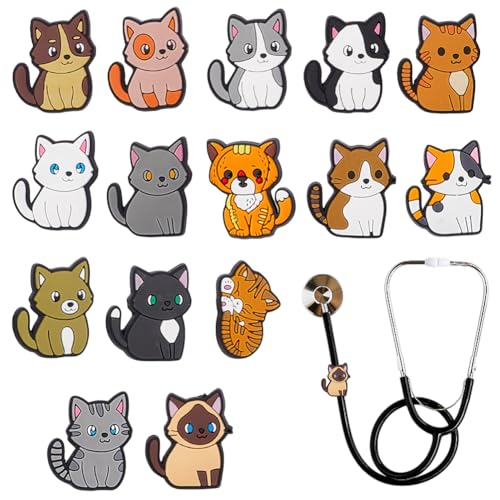 WEBEEDY 15 estilos de amuleto de estetoscopio gato lindo amuleto de estetoscopio gato personalizado para enfermera, accesorios de estetoscopio, etiqueta de identificación regalo para médico,