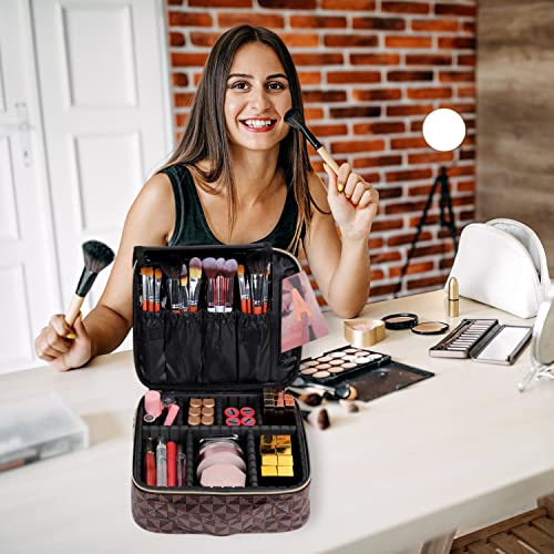 Xuboser Travel Makeup Bag With Adjustable Dividers, Cosmetic Train Storage Case Organizer For Professional Cosmetic Brushes Tools (Brown Triangle) #TOP5