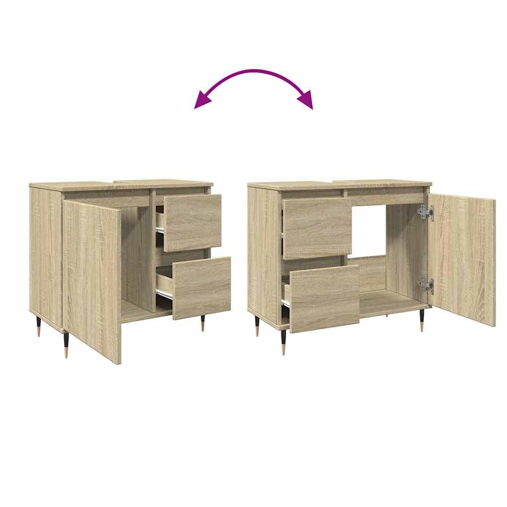Mobile Lavabo Bagno Rovere Sonoma 65x33x60 cm Legno Multistrato | Armadietto sottolavello salvaspazio per bagno moderno con stabili piedini in ferro, un ampio vano e due cassetti.