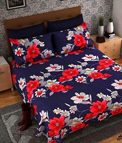 good luck textile 180 TC Microfibre 3D Printed Red White Flower Luxury Double Bedsheet with 2 Pillow Covers, Blue Colour