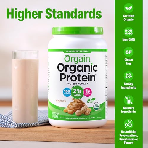 Image of Orgain Organic Vegan 21g Protein Powder, Peanut Butter, 2.03 lb | Plant based protein, 7g prebiotic fiber, low net carb, no added sugar or dairy ingredients, for shakes & smoothies