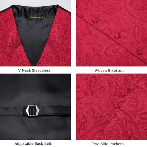 Image of DiBanGu Mens Vest and Tie Set Formal Paisley Waistcoat and Necktie Pocket Square Cufflinks Silk Suit Vest for Tuxedo Wedding